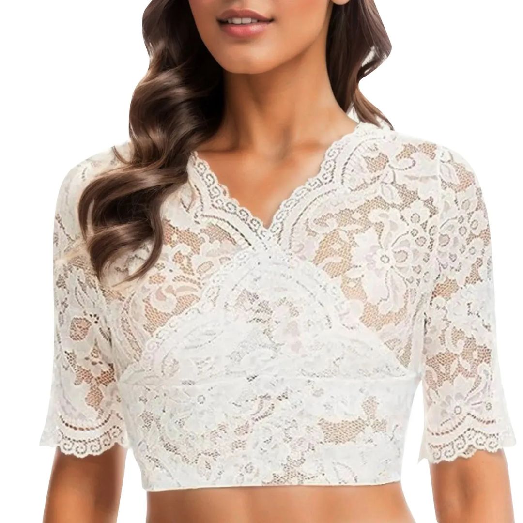 Damen Spitzenbluse, weiß, kurzärmelig, V-Ausschnitt, florales Muster, elegant, Sommermode.