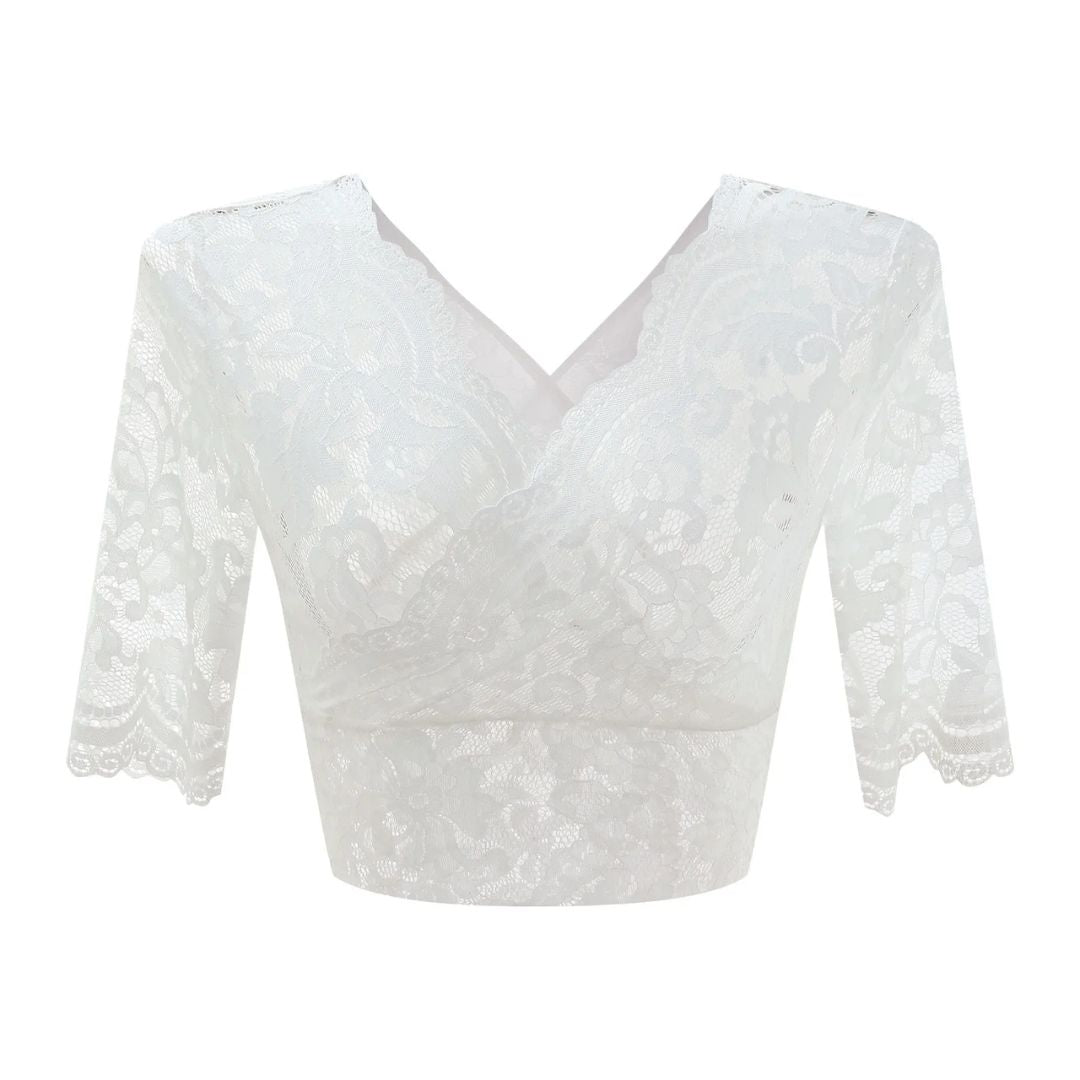 Weiße Spitzenbluse Damen, V-Ausschnitt, 3/4-Ärmel, elegant, modisch, hochwertig.