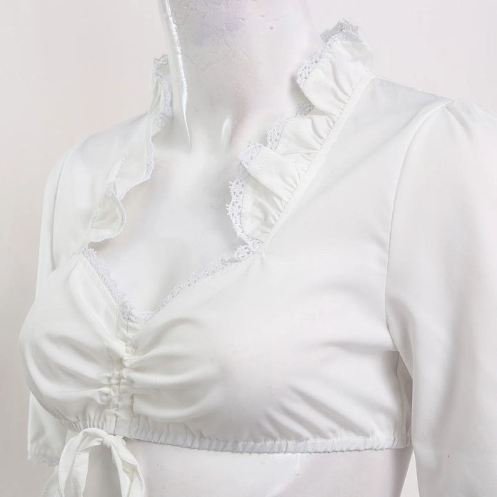 Weiße Rüschenbluse Damen, V-Ausschnitt, Kurzarm, elegantes Design, Baumwolle, Sommermode