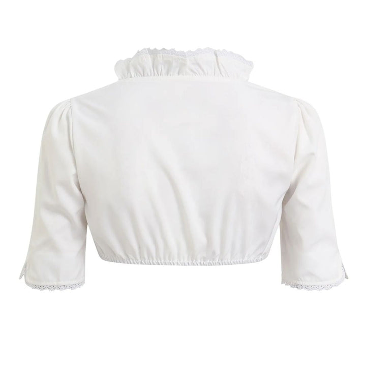 Weiße Damenbluse mit Rüschenkragen, halblangen Ärmeln, Spitzenbesatz, elegant, Baumwolle.