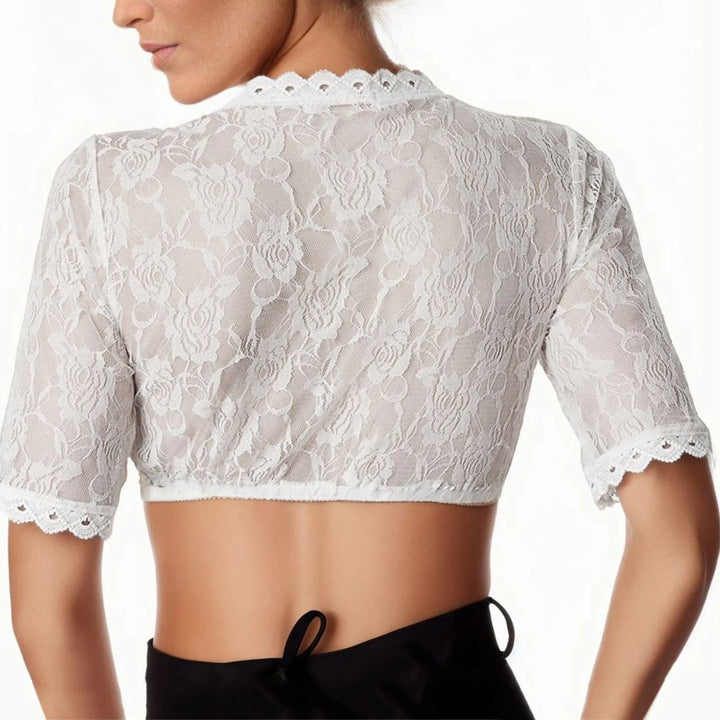Weiße Spitzenbluse Damen, kurzärmelig, elegantes Design, ideal für festliche Anlässe.