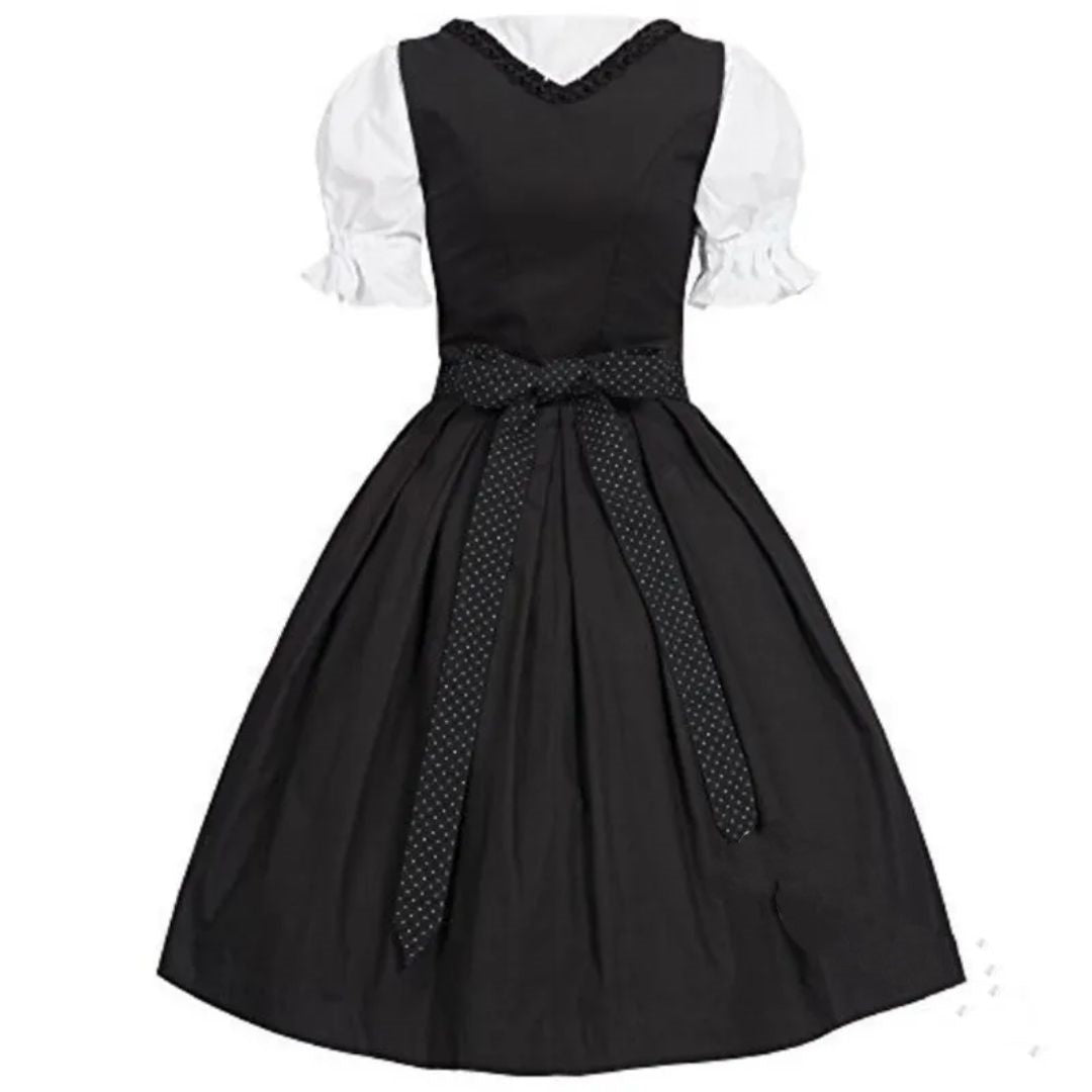 Schwarzes Dirndlkleid mit weißer Bluse und gepunkteter Schleife, traditionell, elegant.