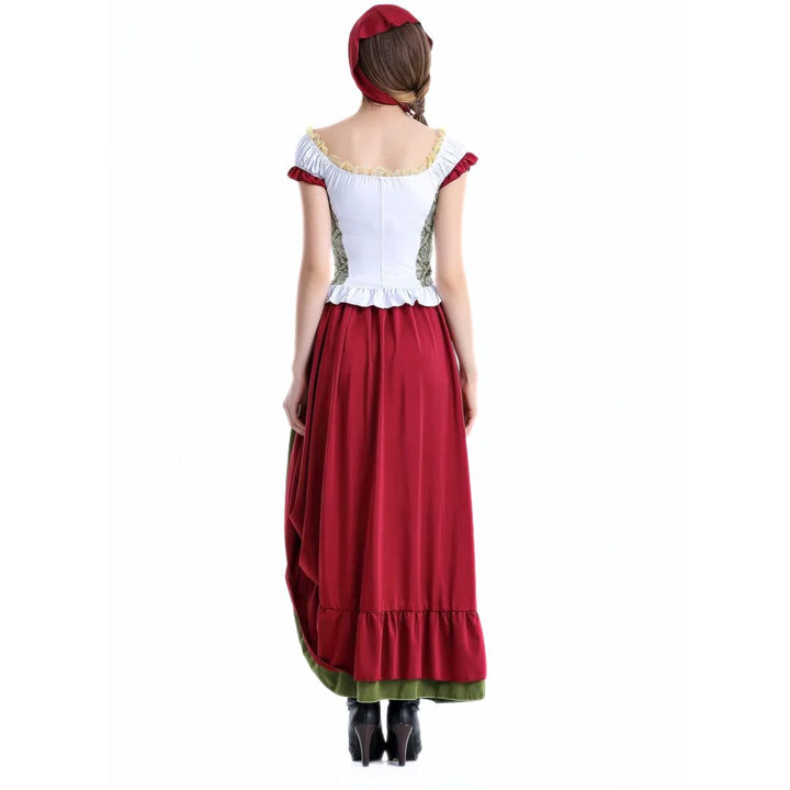 Frau in traditionellem bayerischen Dirndl, rot-weiß, Rückansicht, Trachtenmode, Oktoberfest.