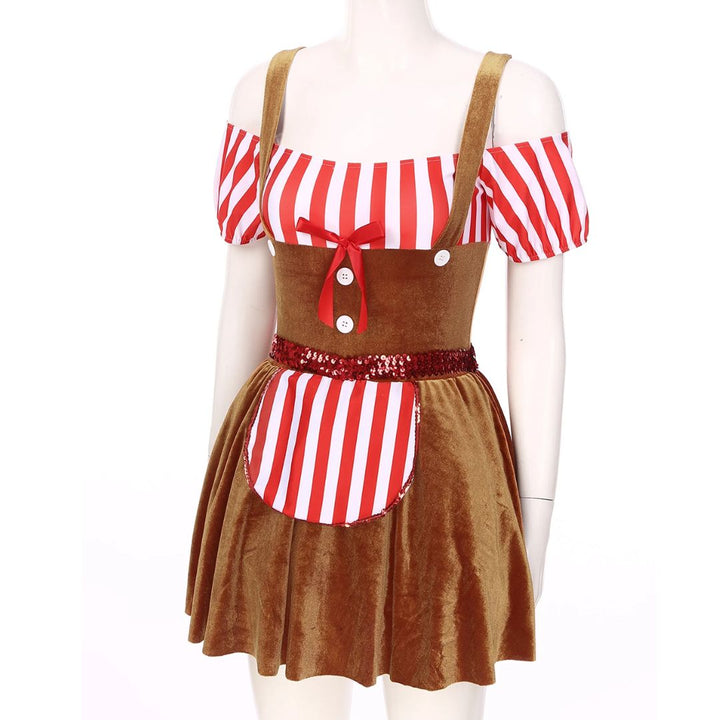 Damen-Kostüm, rot-weiß gestreift, braun, Karneval, Fasching, Kleid mit Schürze, Knöpfe.