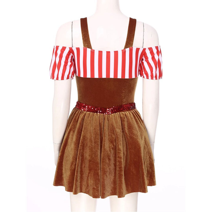 Braunes Samtkleid mit rot-weiß gestreiften Ärmeln und Pailletten-Gürtel, Damenmode.