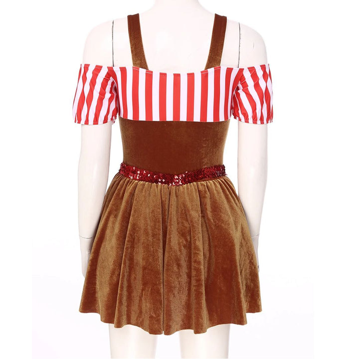 Rotes und weiß gestreiftes Kleid mit Samtrock und Pailletten, Damenmode, Karnevalskostüm.