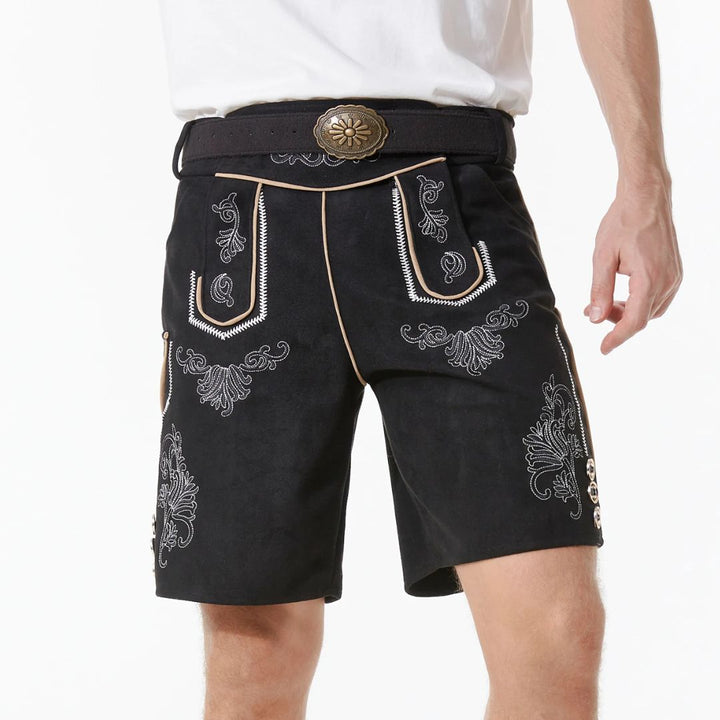 Schwarze Lederhose Shorts, bestickt, traditionell, Herrenmode, Trachten, Oktoberfest.