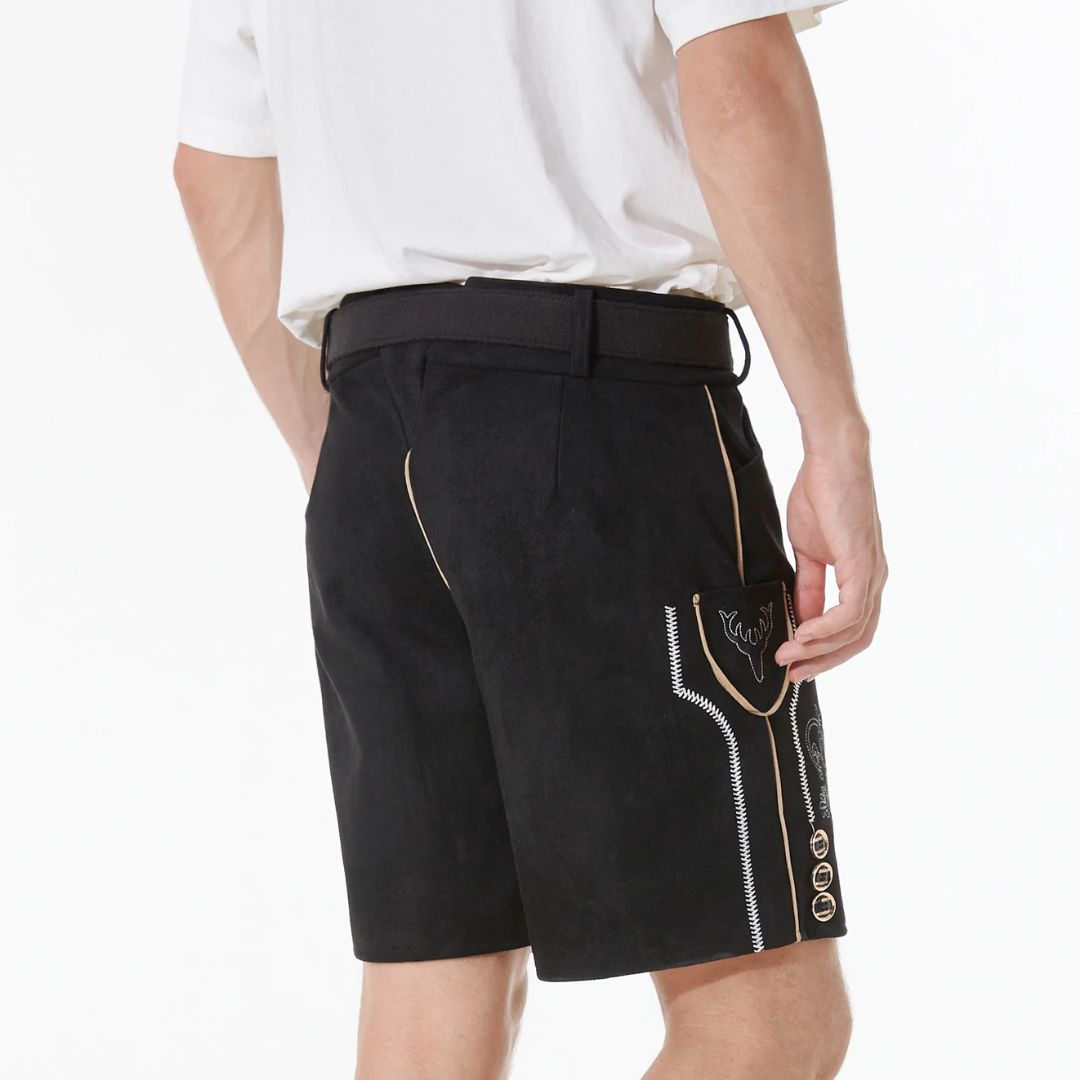 Schwarze Herren-Lederhose, traditionell, mit Stickerei, Trachtenmode, Rückansicht.
