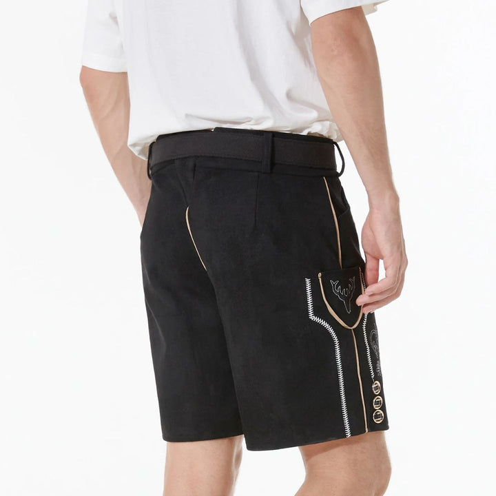 Schwarze Herren-Lederhose, traditionell, mit Stickerei, Trachtenmode, Rückansicht.