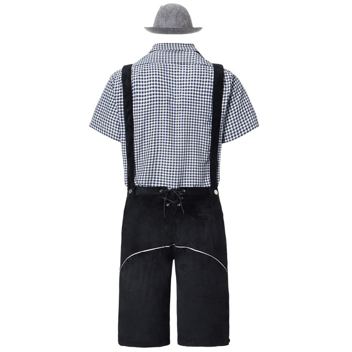Rückansicht Trachtenoutfit: kariertes Hemd, schwarze Lederhose, grauer Hut, traditionell bayerisch.
