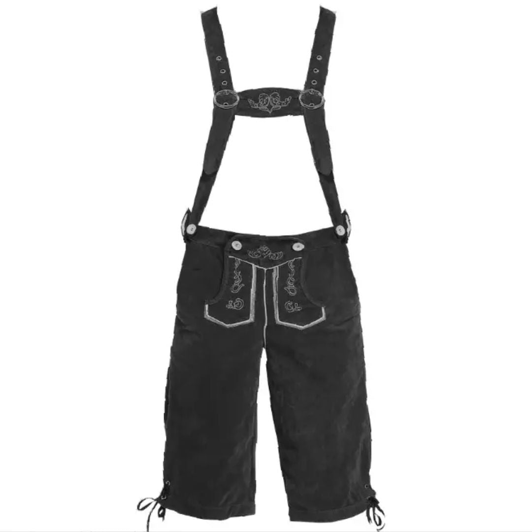 Schwarze Lederhose mit Hosenträgern, Stickerei, traditionell, Trachtenmode, Herrenbekleidung.