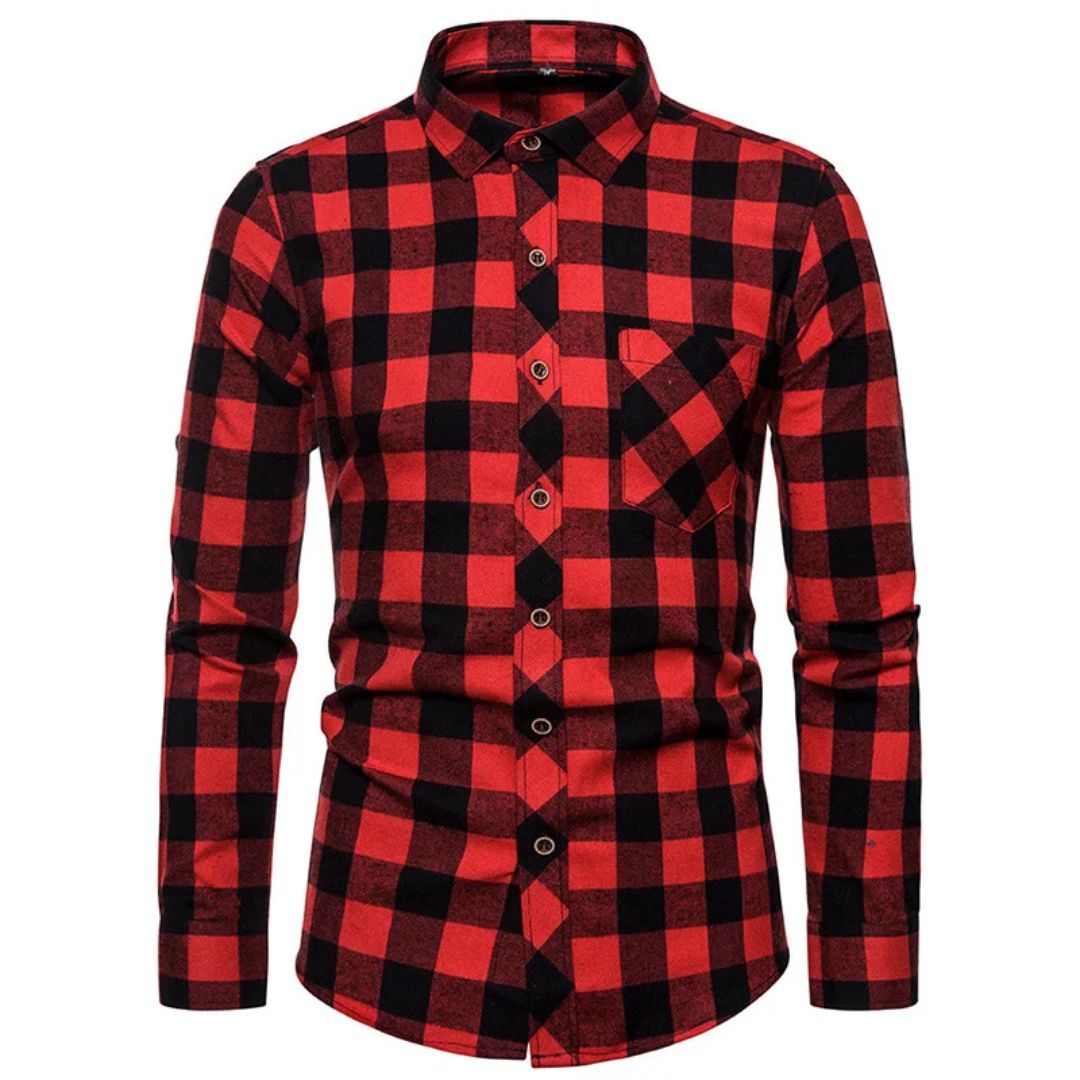Rot-schwarz kariertes Herrenhemd, Langarm, Baumwolle, Freizeitmode, klassisches Design.