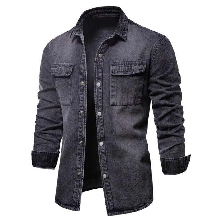 Schwarzes Jeanshemd für Herren, langärmelig, Knopfleiste, lässig, modisch, Denim-Look.