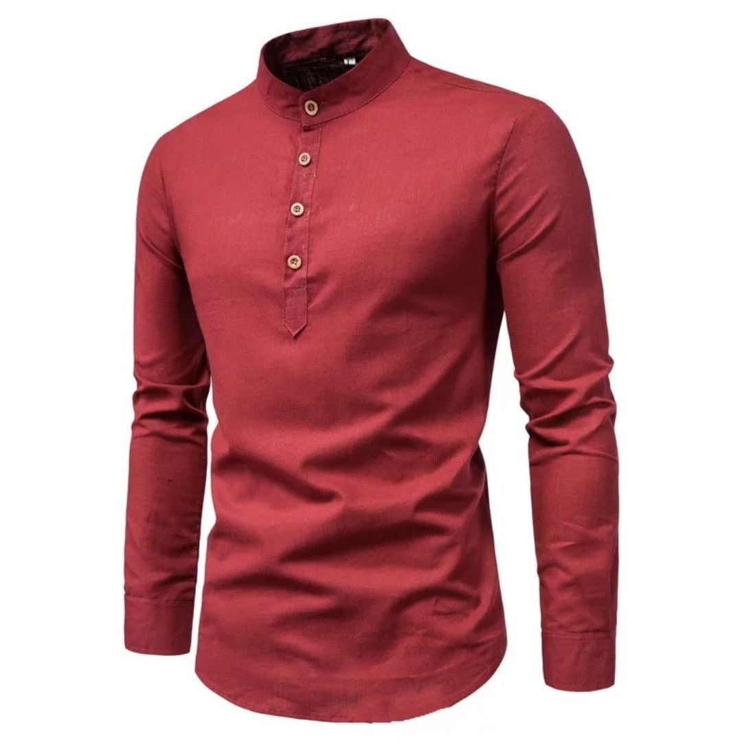 Rotes Herrenhemd, Stehkragen, Langarm, Baumwolle, modisch, elegant, Freizeitkleidung.