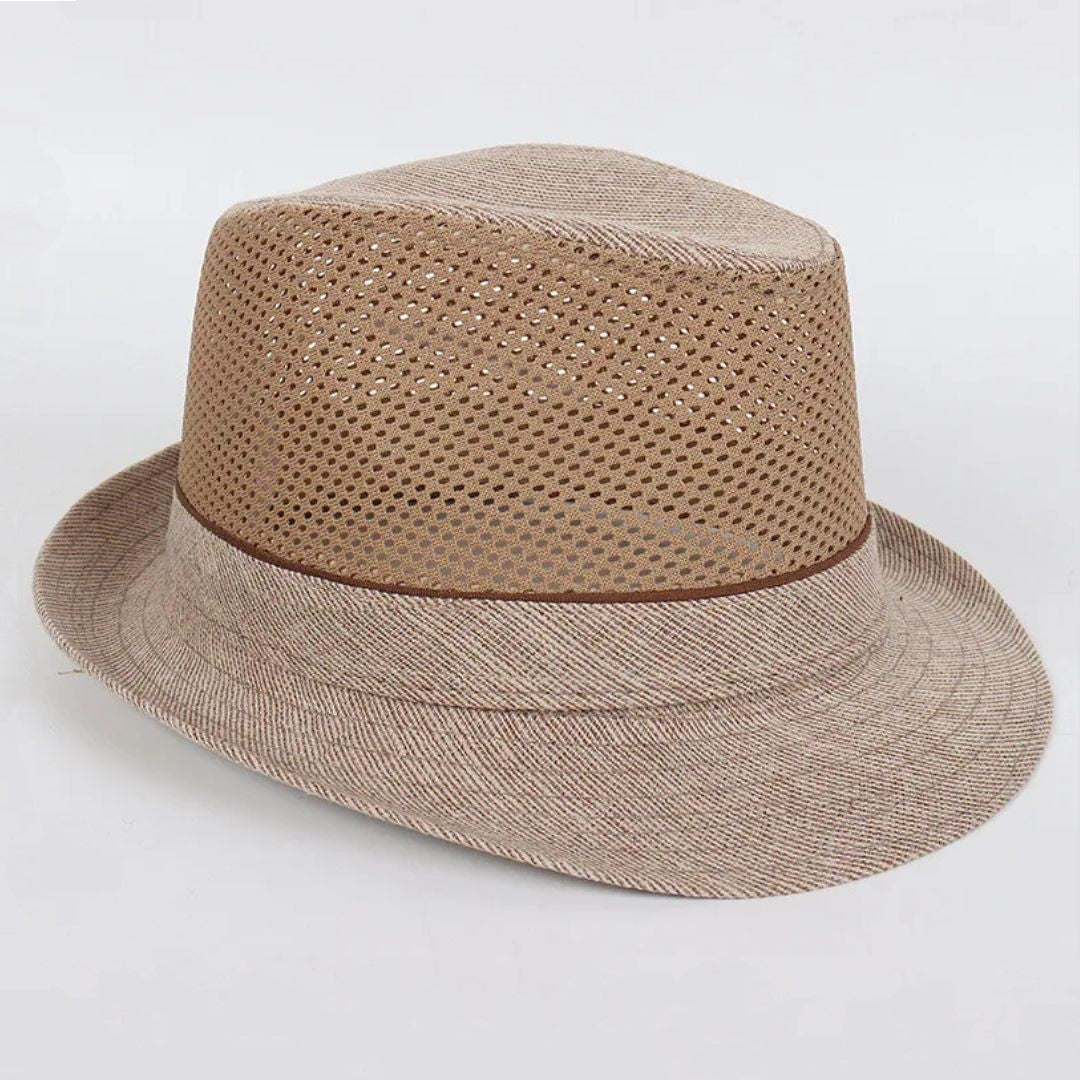 Beiger Herren-Fedora-Hut aus Stroh, atmungsaktiv, ideal für Sommermode.