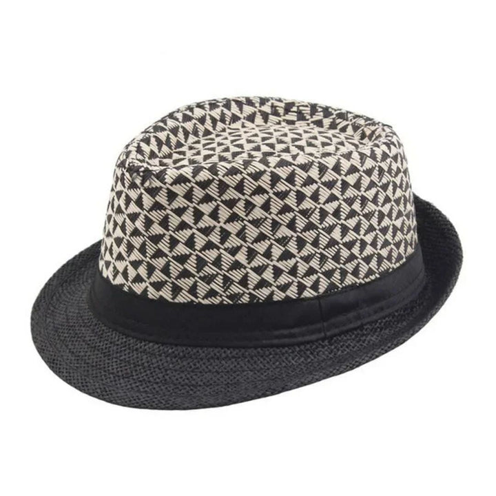 Schwarz-weißer Fedora-Hut, geometrisches Muster, Unisex, modisch, Sommeraccessoire.