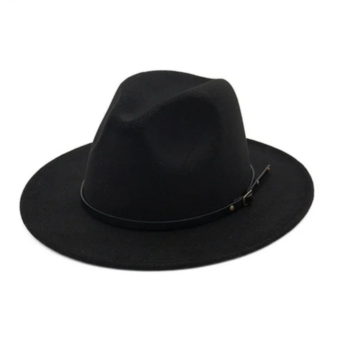 Schwarzer Fedora-Hut aus Filz mit schmalem Lederriemen, stilvoller Herren- und Damenhut.