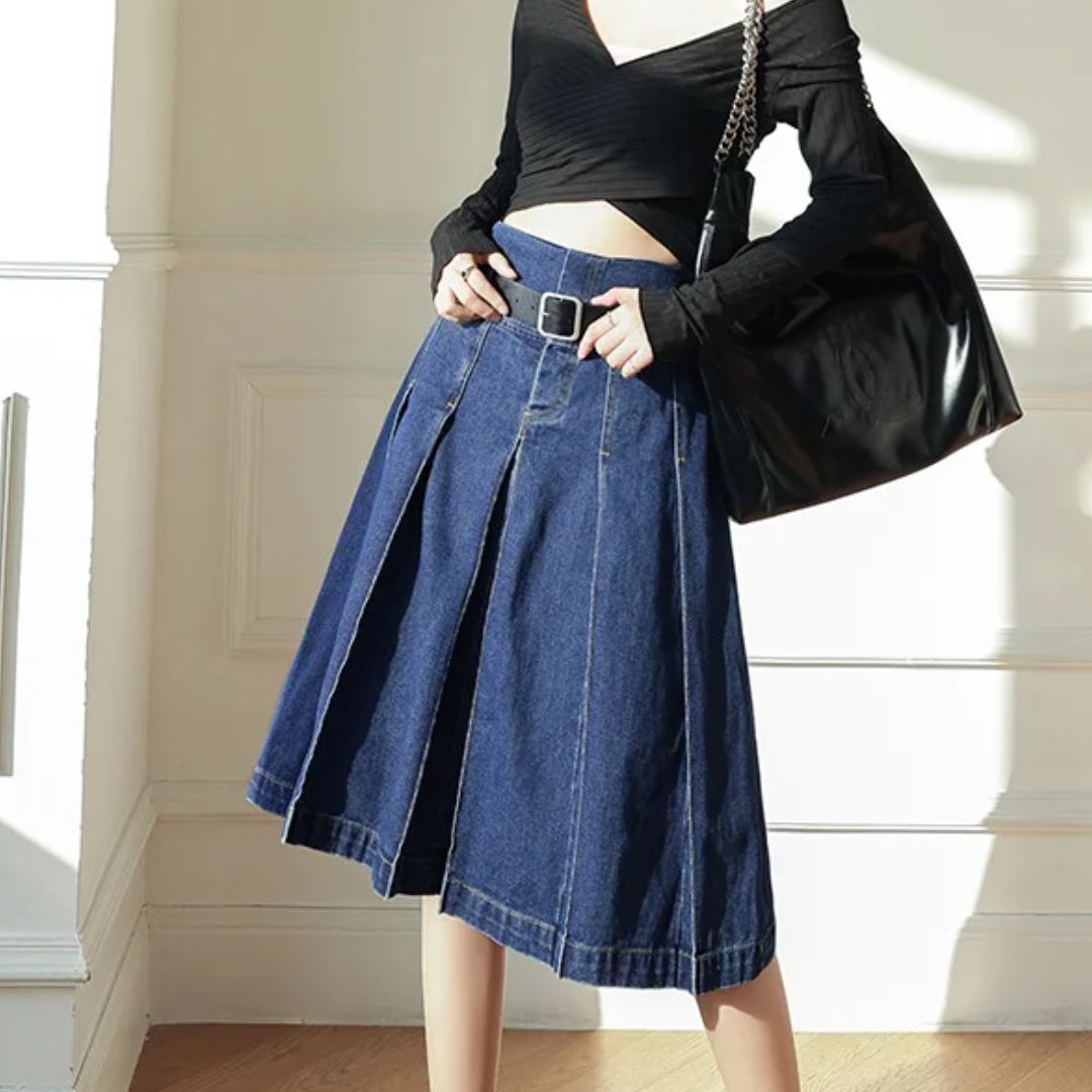 Damen Jeansrock, blau, A-Linie, mit Gürtel, modisch, lässig, für Frühling und Sommer.