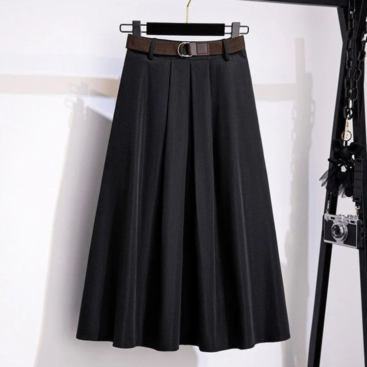 Schwarzer A-Linien-Rock mit Gürtel, Damenmode, elegantes Design, knielang, Polyester.