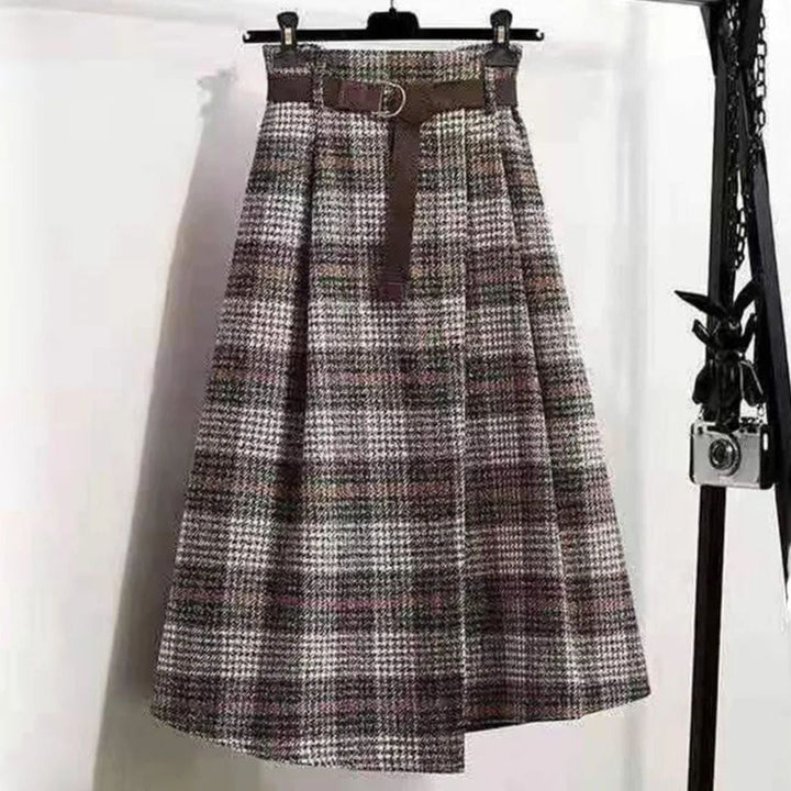 Kariertes Wollrock mit Gürtel, A-Linie, braun-grau, Damenmode, elegant, Herbst-Winter.