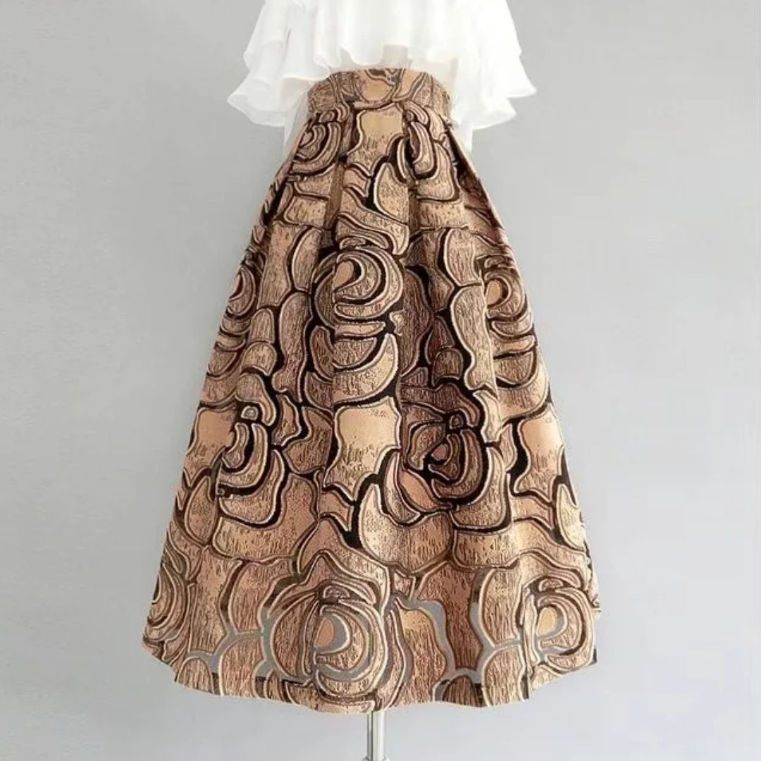 Beiger Rock mit Rosenmuster, A-Linie, knielang, elegantes Design, Damenmode.