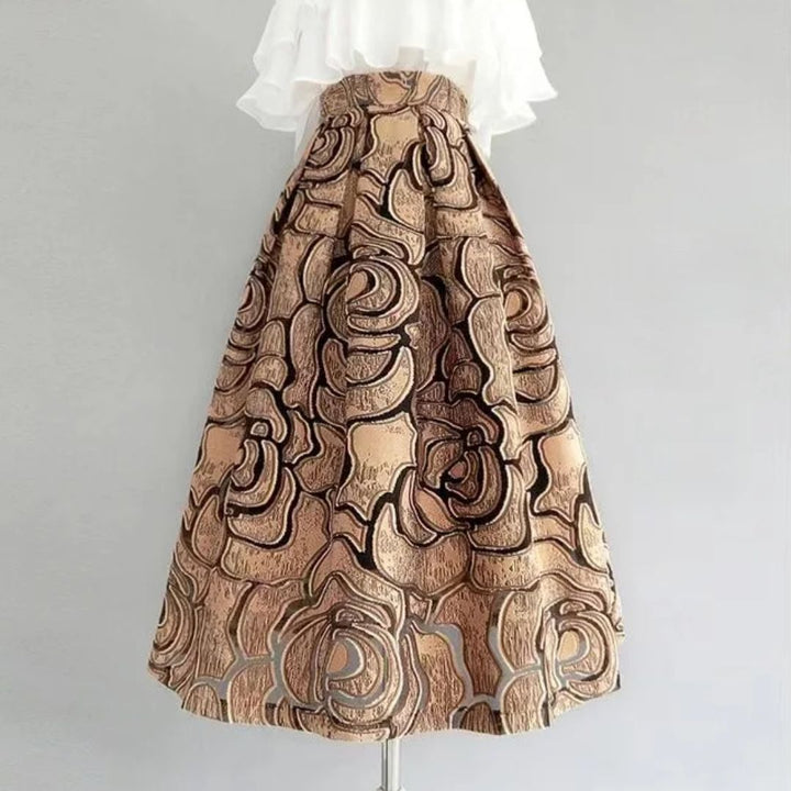 Beiger Rock mit Rosenmuster, A-Linie, knielang, elegantes Design, Damenmode.
