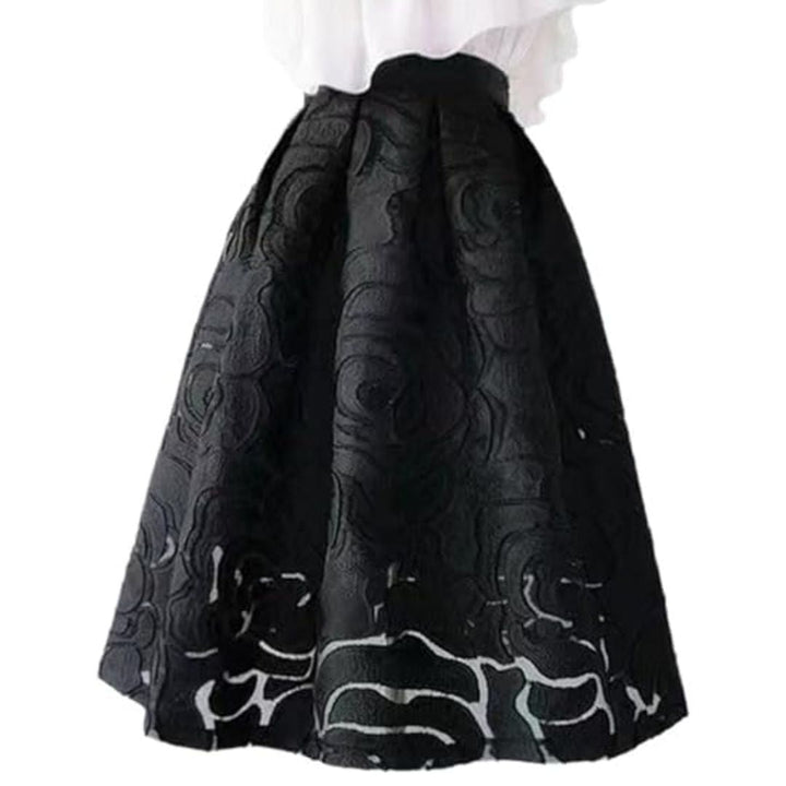 Schwarzer A-Linien-Rock mit Blumenmuster, elegant, knielang, Damenmode.