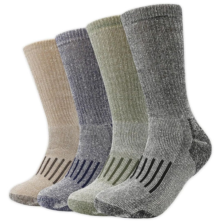 Vier Paar Wandersocken, beige, grau, grün, aus Merinowolle, atmungsaktiv, für Outdoor-Aktivitäten.