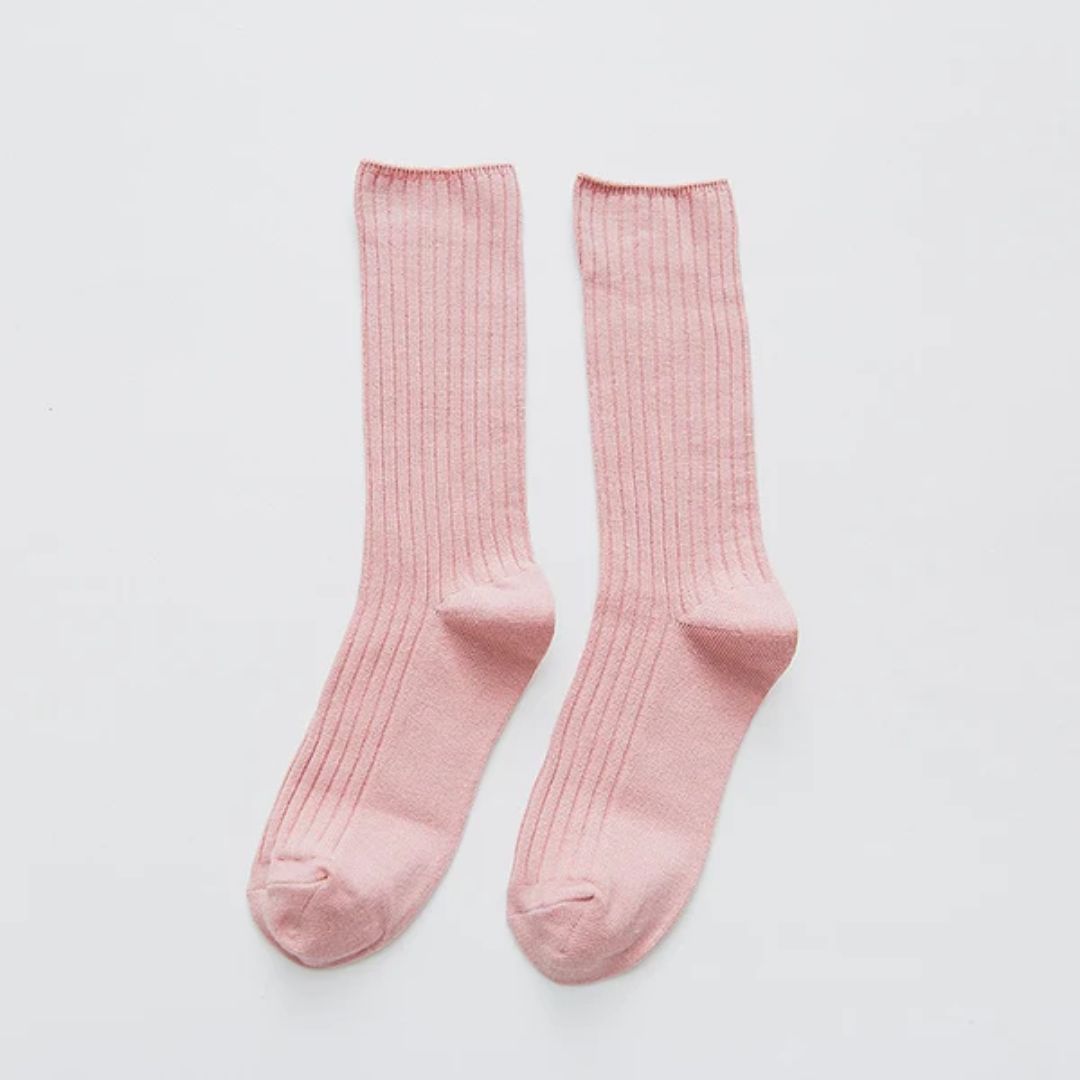 Rosa gerippte Socken aus Baumwolle, knielang, bequem, modisch, für Damen und Herren.