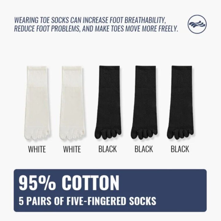 5 Paar Zehensocken, 95% Baumwolle, in Weiß und Schwarz, atmungsaktiv, fußfreundlich