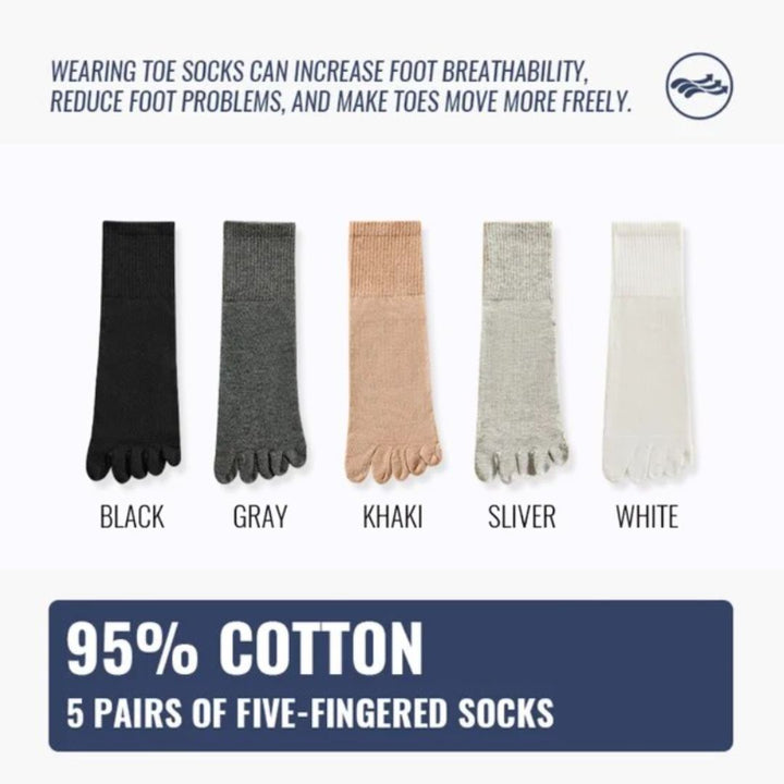 Fünf Paar Zehensocken, 95% Baumwolle, Farben: Schwarz, Grau, Khaki, Silber, Weiß.