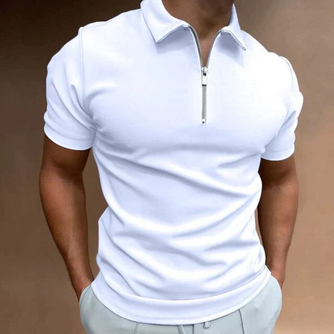 Männer Poloshirt weiß mit Reißverschluss, kurzärmelig, sportlich-elegant, Baumwolle.