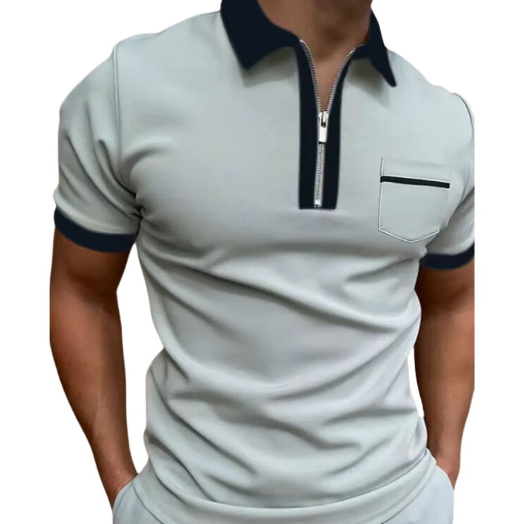 Herren Poloshirt mit Reißverschluss, weiß, schwarzer Kragen, Kurzarm, modisch, bequem.