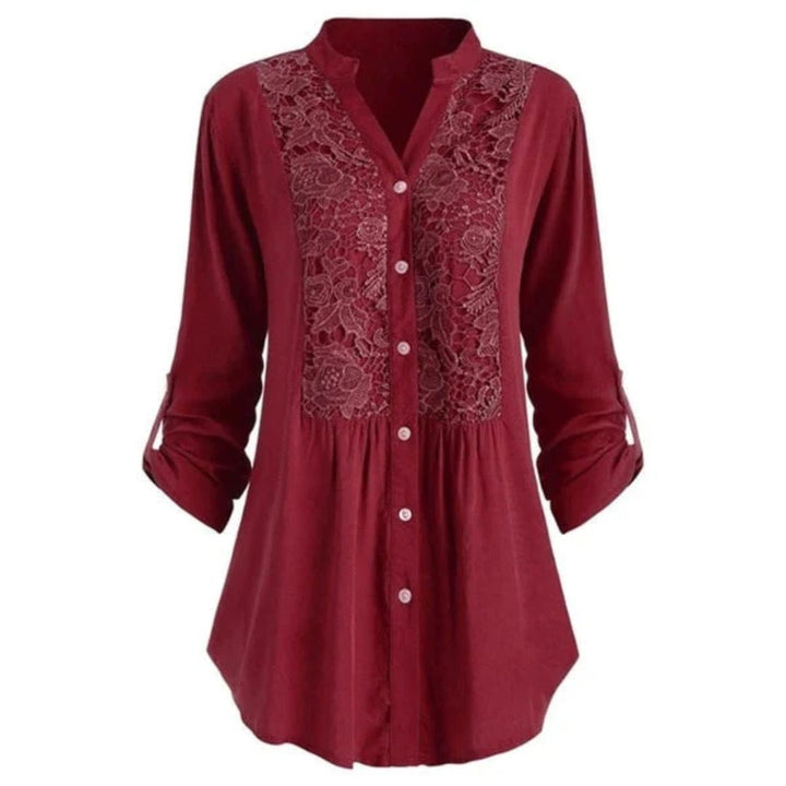 Damenbluse rot mit Spitze, Knopfleiste, langärmlig, elegant, Freizeitmode.