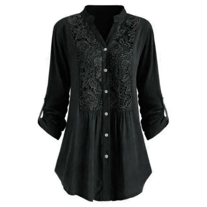 Schwarze Damenbluse mit Spitze, Knopfleiste, 3/4-Ärmel, elegant, modisch, Freizeitkleidung.