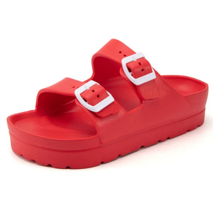 Rote Sandale mit zwei weißen Schnallen, rutschfeste Sohle, ideal für Sommer und Strand.