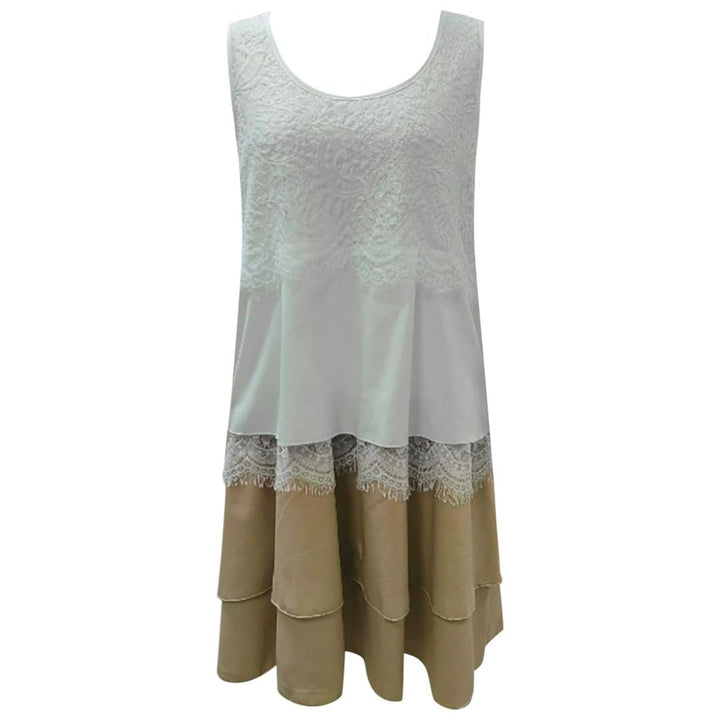 Ärmelloses Damenkleid, weiß-beige, Spitze, Sommermode, lässig, elegant, knielang.