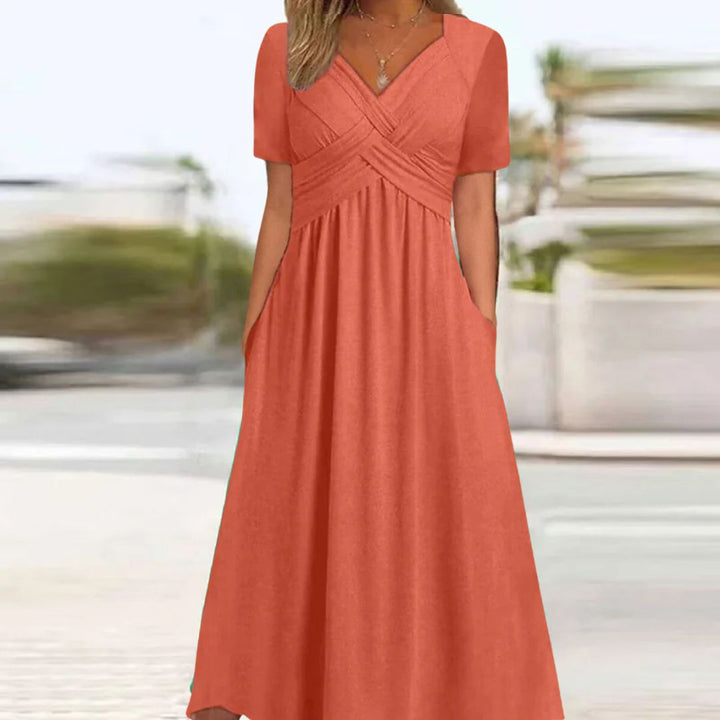 Damen Maxikleid orange, V-Ausschnitt, kurze Ärmel, Sommermode, Freizeitkleidung.