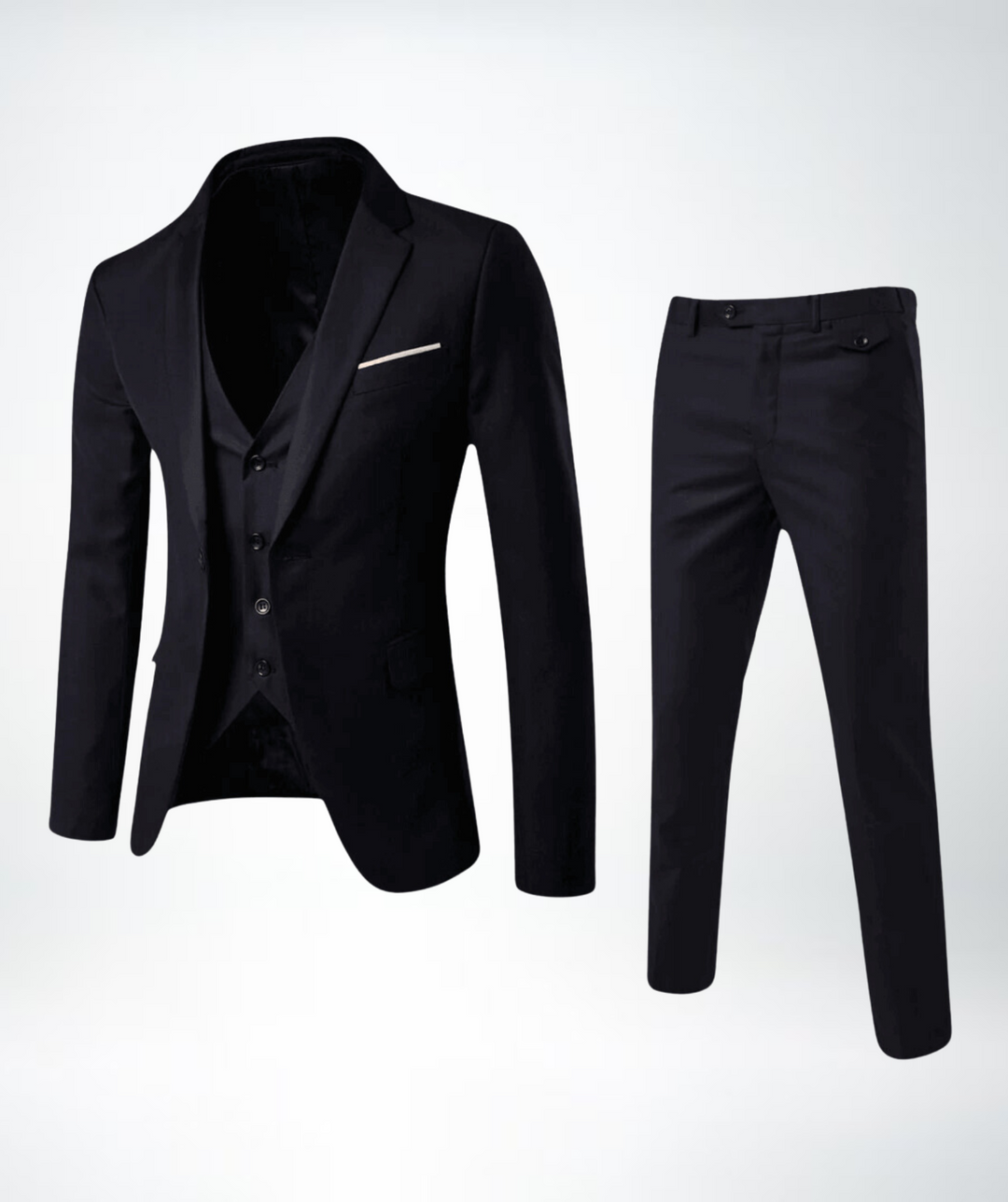 Schwarzer Herrenanzug, dreiteilig, elegant, Sakko, Weste, Hose, formelle Kleidung, Businessmode.