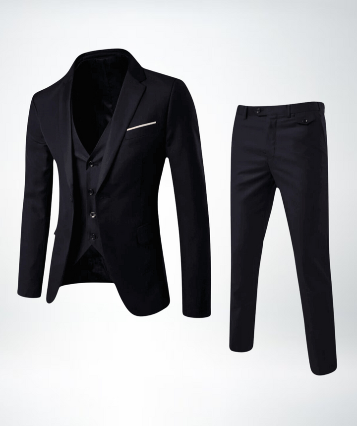 Schwarzer Herrenanzug, dreiteilig, elegant, Slim Fit, für formelle Anlässe.