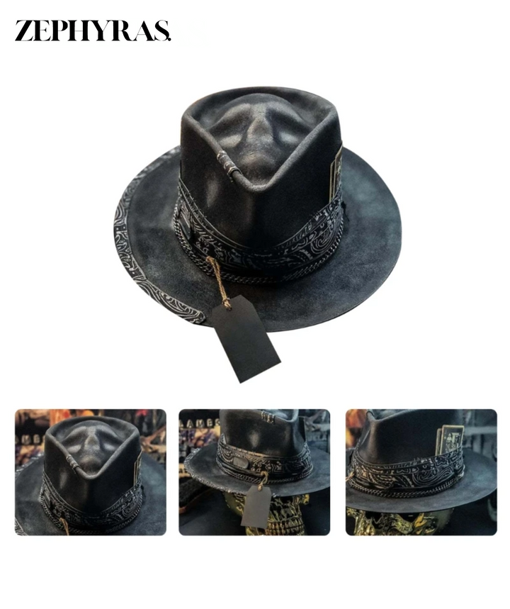 Schwarzer Lederhut mit breiter Krempe und dekorativem Band, Vintage-Stil, Unisex.