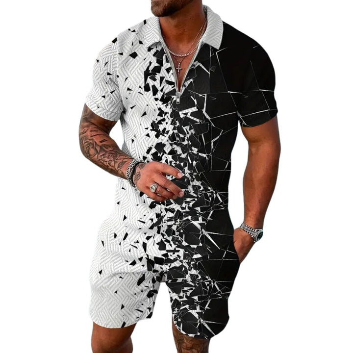 Herren Jumpsuit, schwarz-weiß, geometrisches Muster, Kurzarm, Freizeitmode, Sommeroutfit