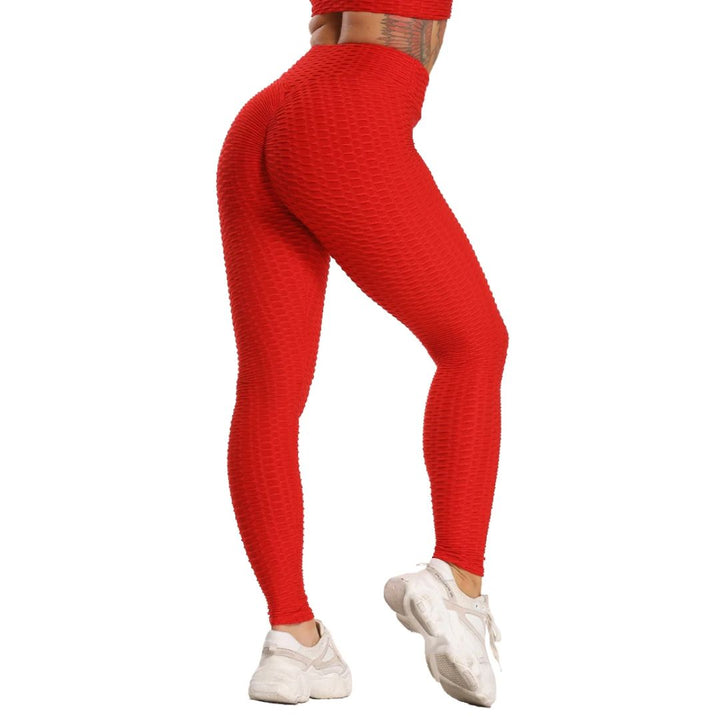 Rote nahtlose Leggings Damen, strukturierte Sporthose, hohe Taille, Fitnessmode.
