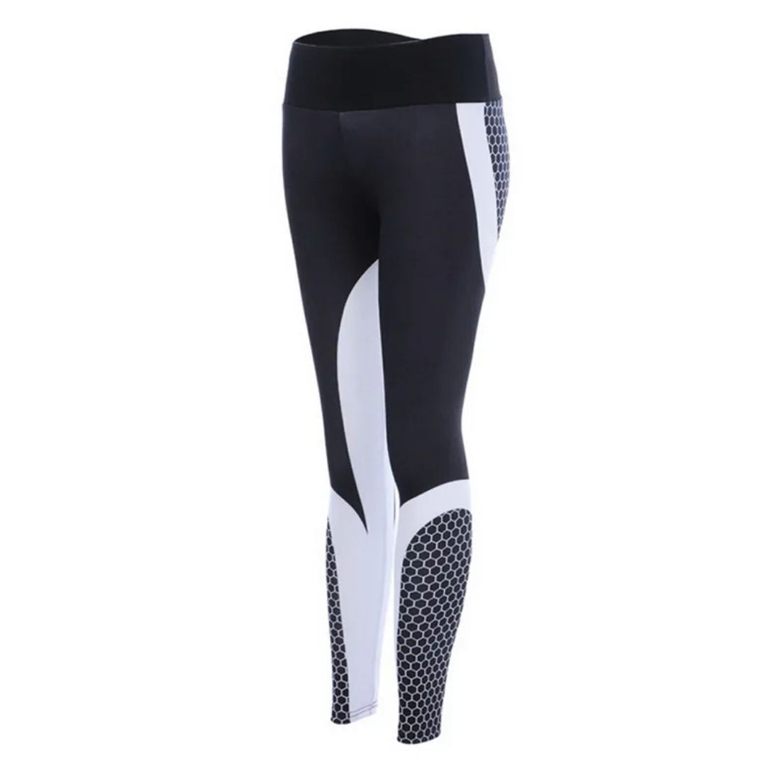 Schwarze und weiße Sportleggings mit geometrischem Muster, Damenmode, Fitnessbekleidung.