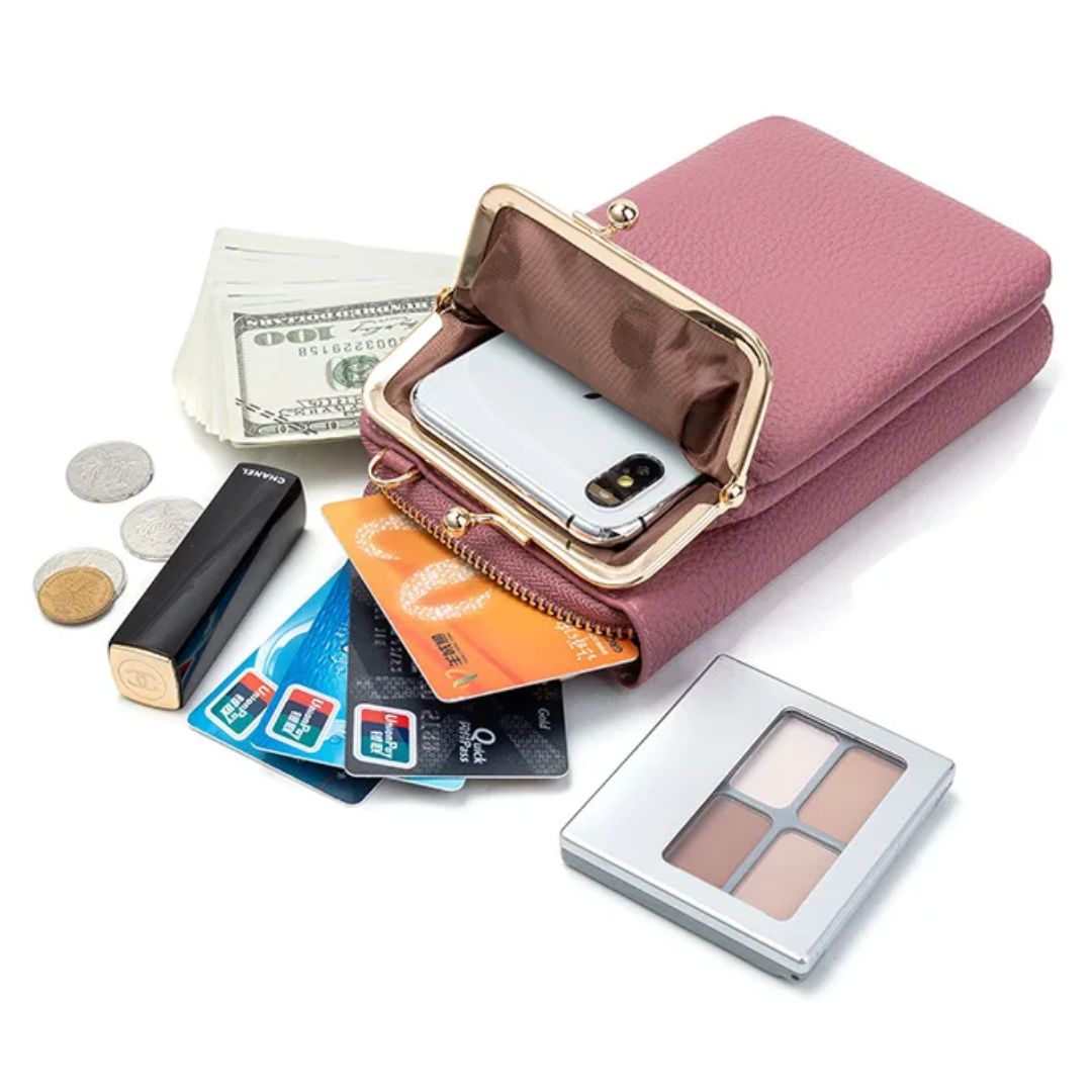 Rosa Lederhandtasche mit Smartphone, Kreditkarten, Bargeld und Make-up, ideal für Damen.