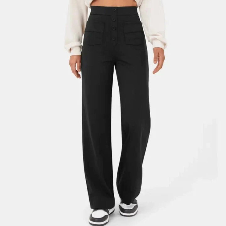 Damenhose schwarz, hohe Taille, weites Bein, Knopfverschluss, modisch, elegant, Freizeitkleidung.