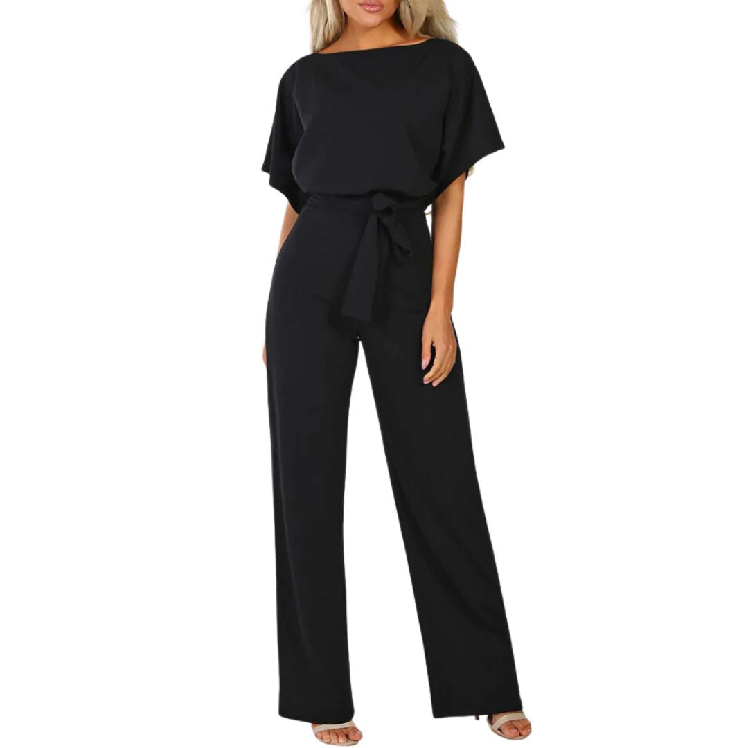 Damen Jumpsuit Schwarz, Kurzarm, Gürtel, Elegante Mode, Sommeroutfit, Bequemes Material