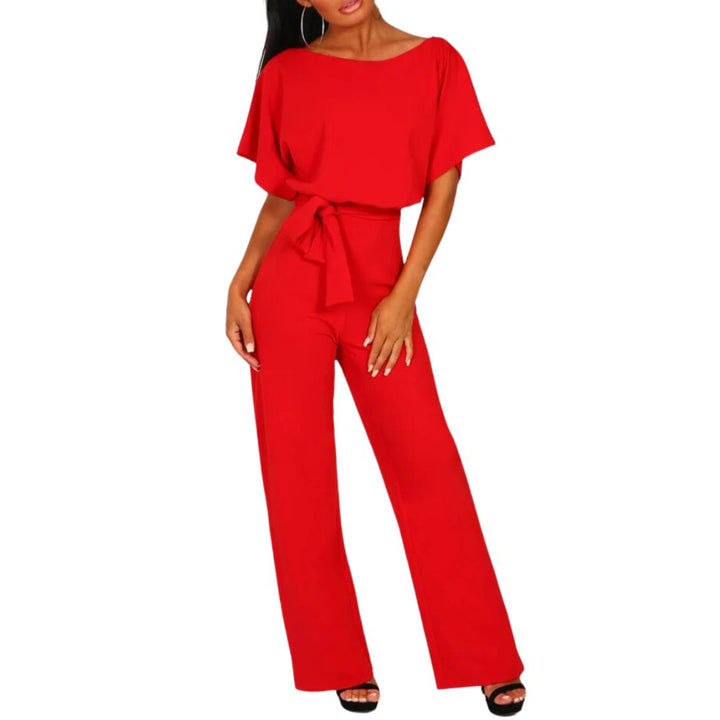 Roter Damen-Jumpsuit mit Gürtel, Kurzarm, elegantes Design, ideal für Sommermode.