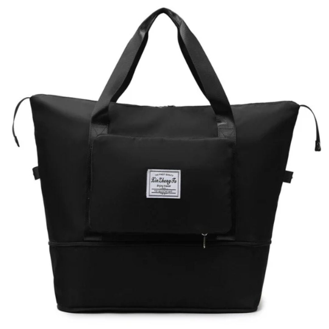 Schwarze Reisetasche, wasserdicht, mit Reißverschluss und Tragegriffen, ideal für Reisen.