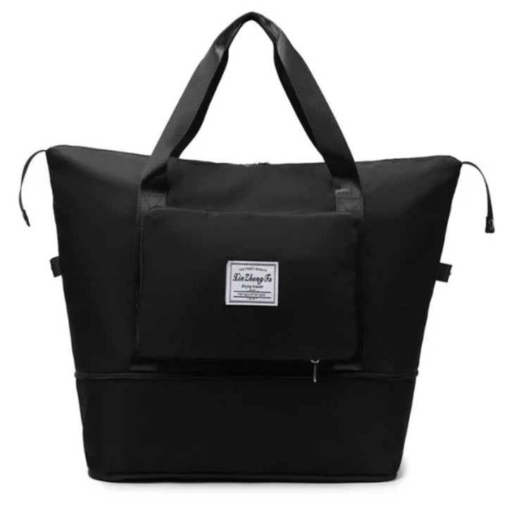 Schwarze Reisetasche, wasserdicht, mit Reißverschluss und Tragegriffen, ideal für Reisen.